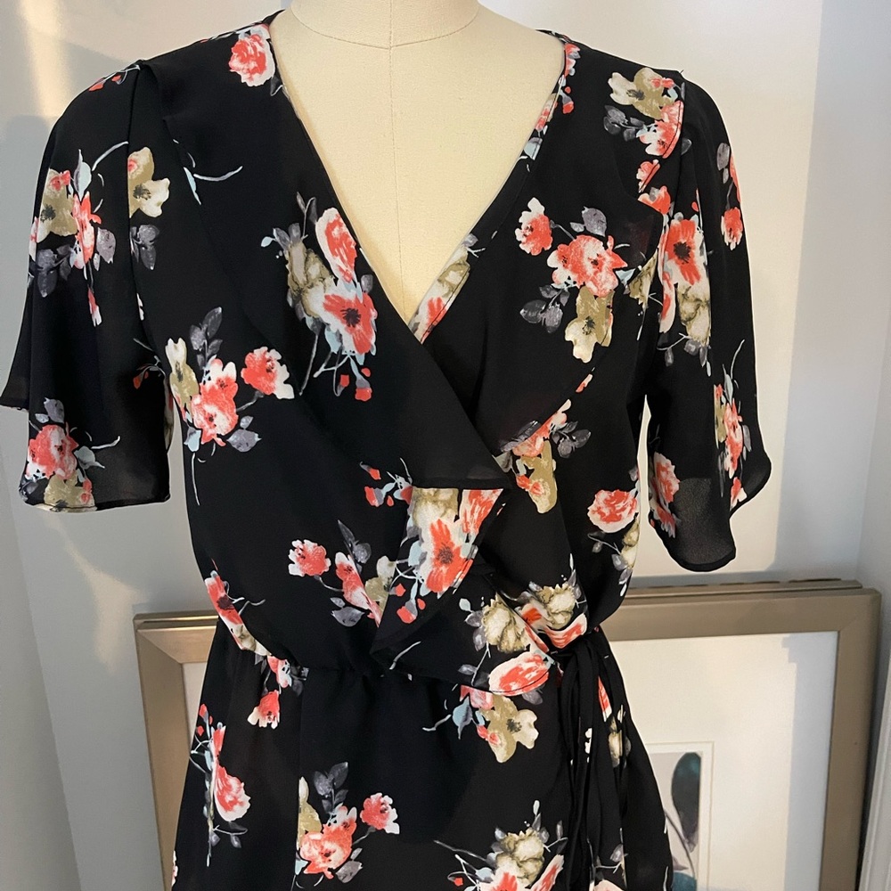 Sienna Sky Black Floral Wrap blouse with Coral & Cream Accents- Size Medium
